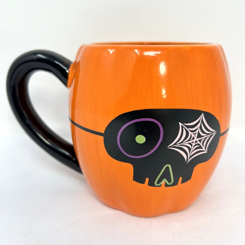 Halloween Orange Boo Skull Mug Black Handle Spiderweb 21 oz Spooky Fall